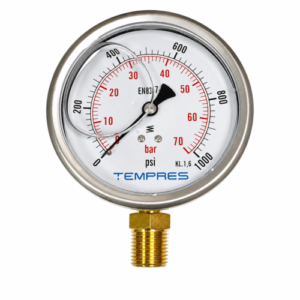 Manómetro TEMPRES DN 4" (100 mm) 0–70 BAR / 0–1000 PSI Conexión Inferior 1/2" NPT BOTTOM INOX BRONZE