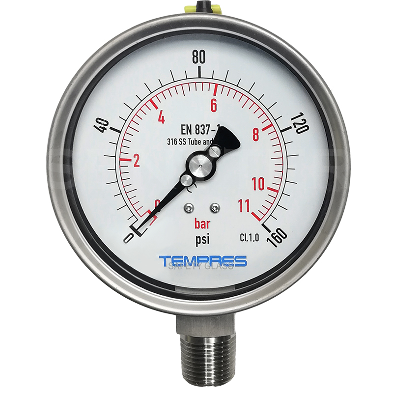 MANOMETRO TEMPRES (50mm) 0-11 BAR / 0-160 PSI SECO CONEXION INFERIOR 1/4"NPT