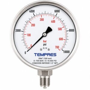 Manómetro TEMPRES DN4" (100 mm) 0–700 BAR / 0–10.000 PSI Conexión	Inferior 1/2" NPT BOTTOM INOX BRONZE