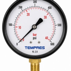 MANOMETRO TEMPRES (100mm) 0-600 PSI/0- 40 BAR CONEXION INFERIOR 1/2" NPT INFERIOR INOX BRONZE