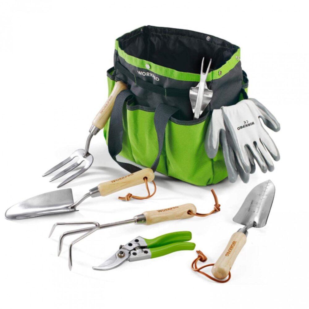 Juego de Herramientas de Jardín WORKPRO 7 Piezas con Bolso Organizador Verde